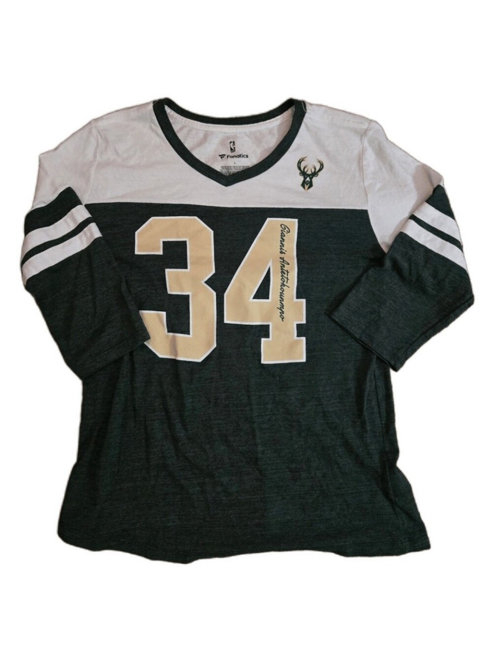 Fanatics Two-Tone #34 Giannis Milwaukee Bucks Tee in White & Dark Green
